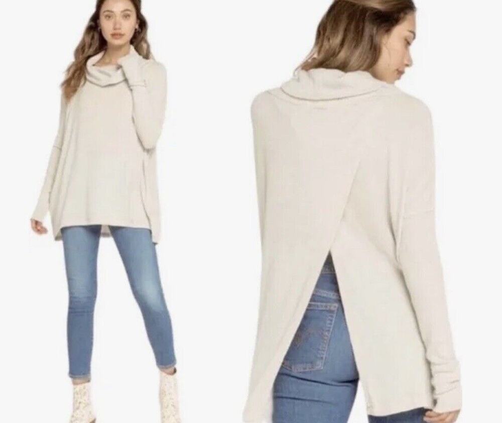 Free People Medium Thermal Top Juicy Cowl Neck Split Back Long Sleeve Stone Cold
